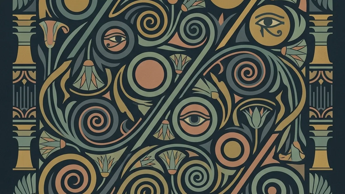 Ilustración abstracta de un porcentaje dorado y un remolino de giros gratis con motivos ornamentales egipcios