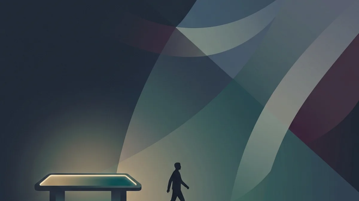 Ilustración abstracta de una silueta alejándose de una mesa iluminada hacia un espacio abierto